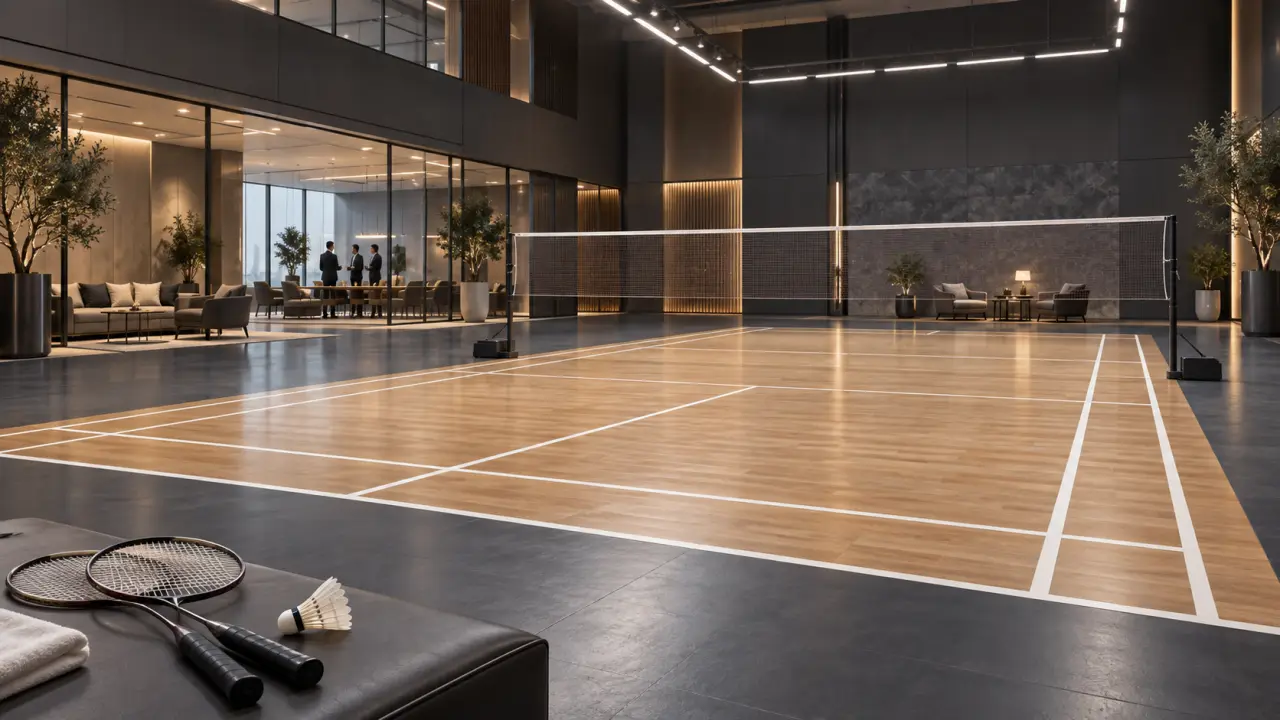 Équipe de collaborateurs réunie sur un court de badminton professionnel